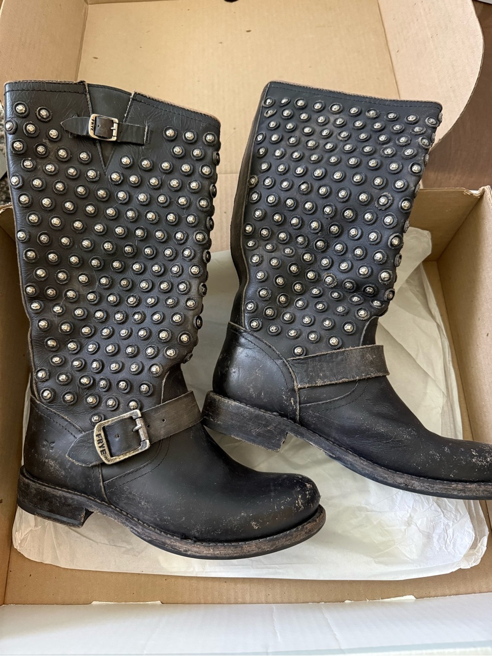 Frye Jenna Disc Black Studded Mid-Calf Leather Boots